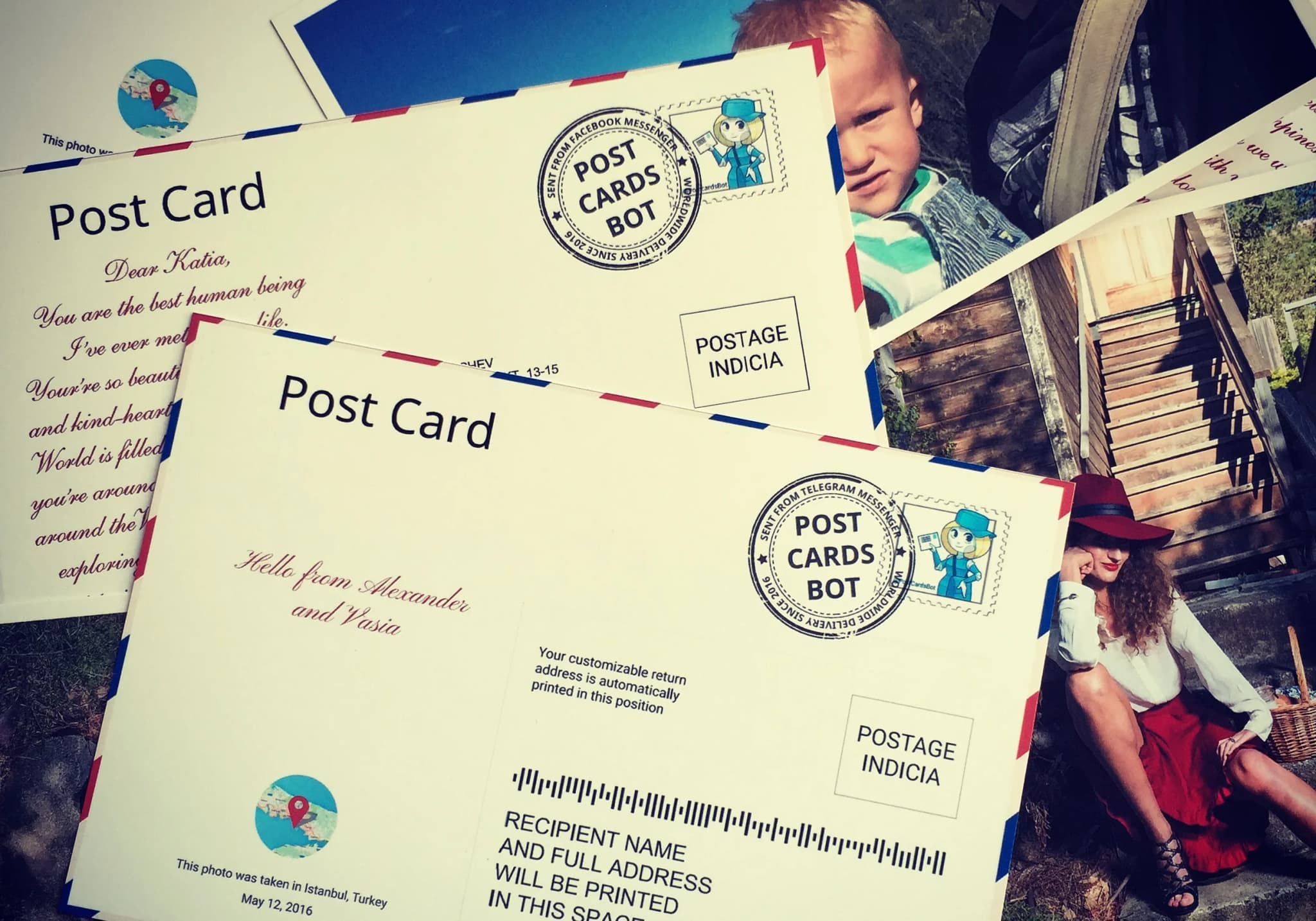 Real printed postcards from Postcard.bot showing front photos and back with handwritten messages